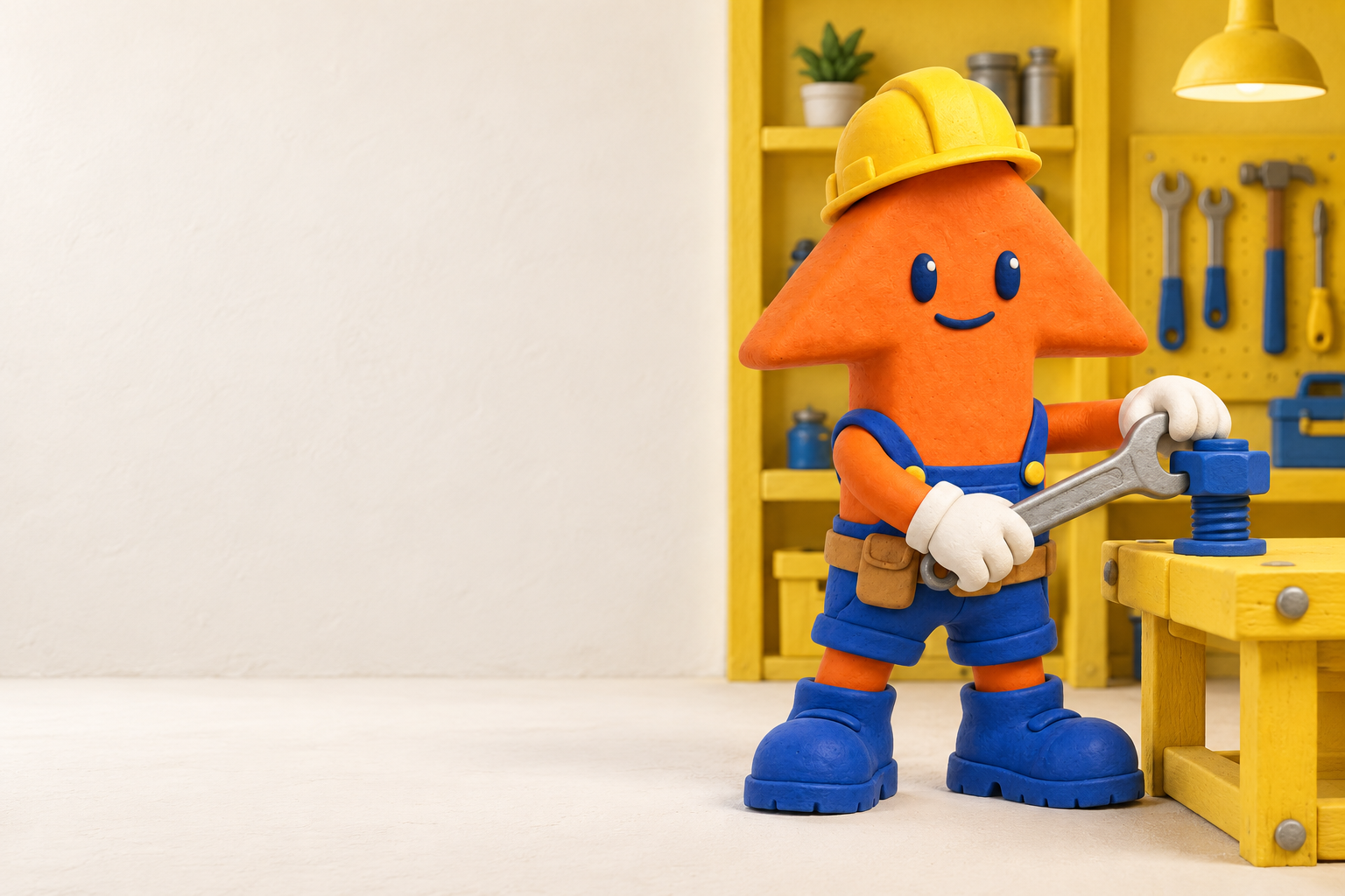 The orange arrow worker tightens a blue bolt in a miniature yellow workshop.